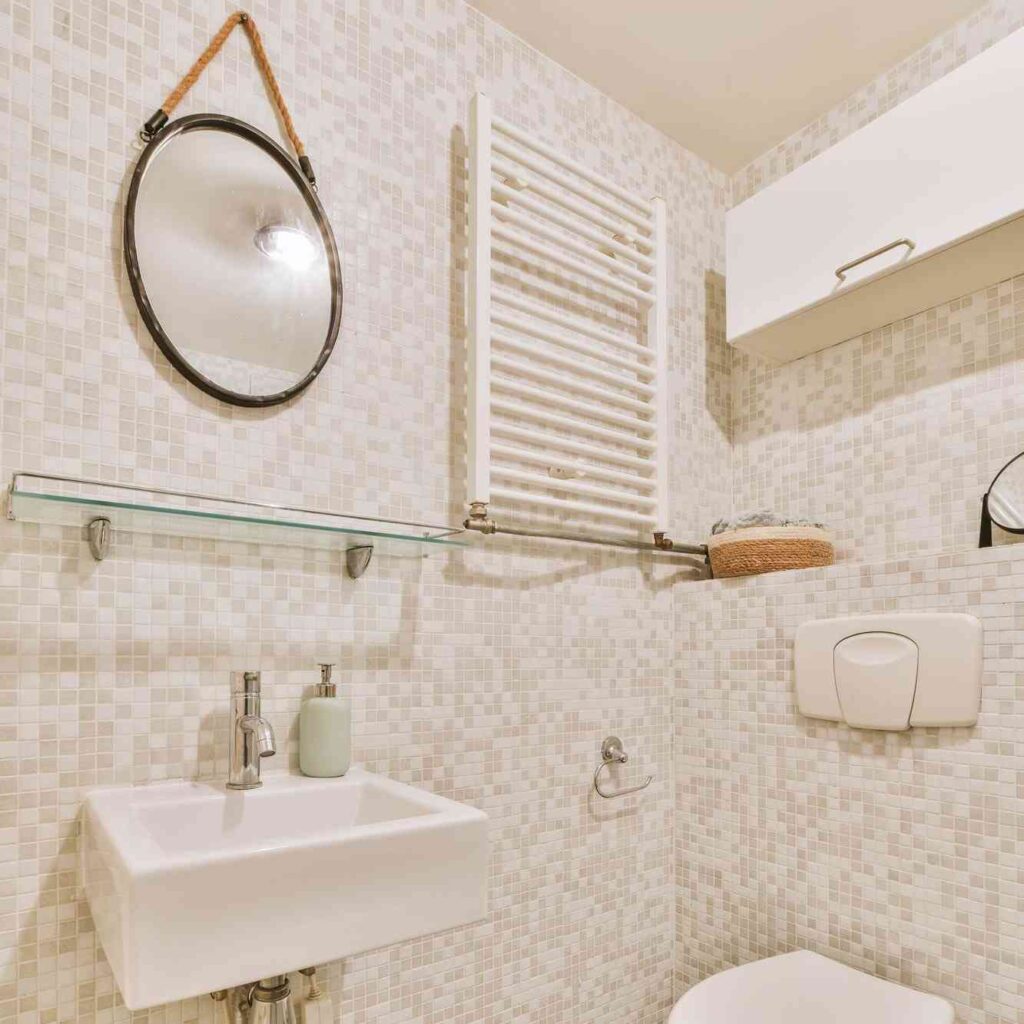 baño pequeño con armario de alamacenaje en la pared
