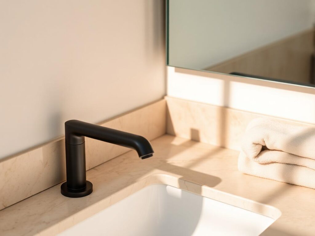 Grifería de baño en acabado moderno sobre lavabo
