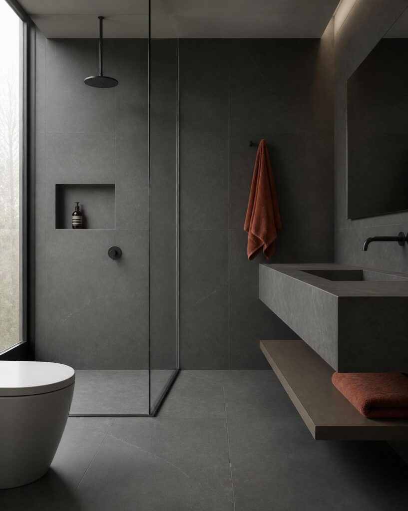 Baño con ducha de obra abierta y mampara fija